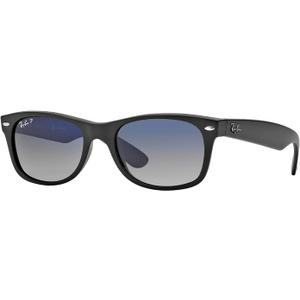 Ray-Ban RB2132 POLARIZED NEW WAYFARER Square Sunglasses For Men For Women + BUNDLE with Designer iWear Eyewear Care Kit (Matte Black/ Blue Gradient Grey Polarized) Lens Width: 55 Millimeters