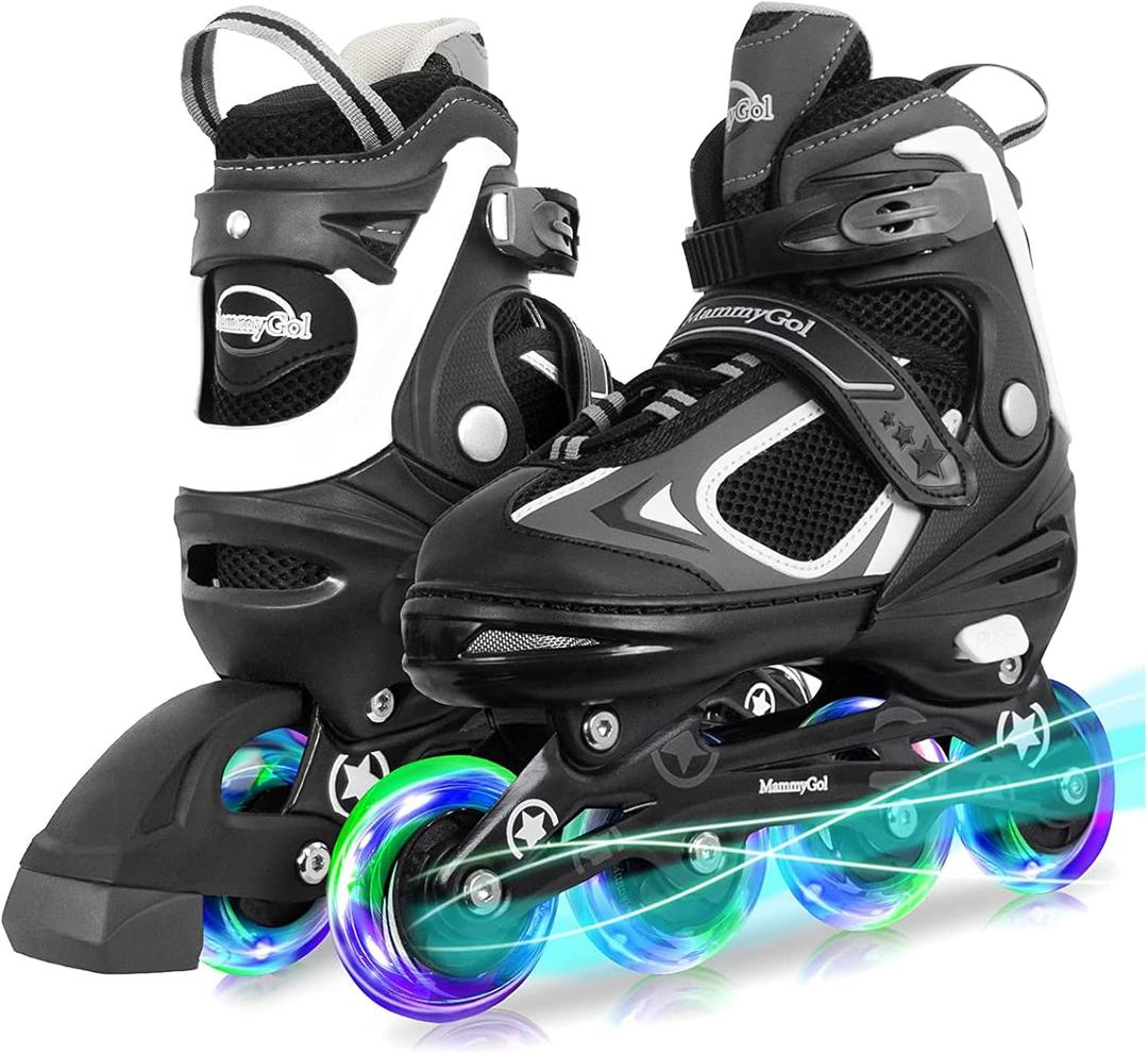 MammyGol Adjustable Inline Skates for Kids Boys Girls Youth Blades Roller Skates with Light up Wheels Ages 4-16 (Black)