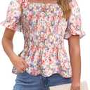 Womens Puff Short Sleeve Babydoll Tops Floral Summer Peplum Blouse Smocked Square Neck (XXL)