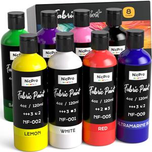Nicpro 8 Colors Permanent Fabric Paint (4 oz, 120 ml) Soft Fabric Paint for Clothes, Non-Toxic Textile Paint for Fabric DIY Crafts, T-shirts, Shoes Jeans Bags Canvas for Adult with Color Wheel