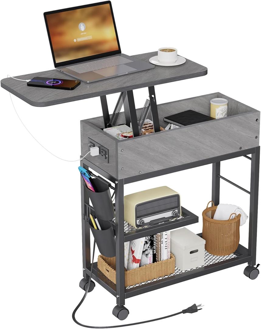 Colima Lift Top End Table with Charging Station and Wheels, Sofa Side Table with USB Port & AC Outlets, Movable Bedside Nightstand with Side Bag for Office Living Room Bedroom(Gray)