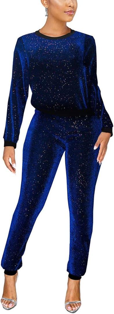 WOKANSE Women's Sequin Glitter Long Sleeve Sweatshirts and Skinny Long Pants Two Piece Outfits (XX-Large, 3-blue)