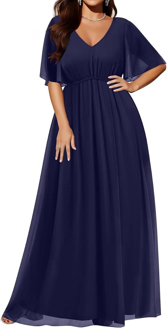 Pinup Fashion Women Bridesmaid Dresses for Wedding Guest Plus Size - Formal Chiffon Long Maxi Dress (Blue), 18W