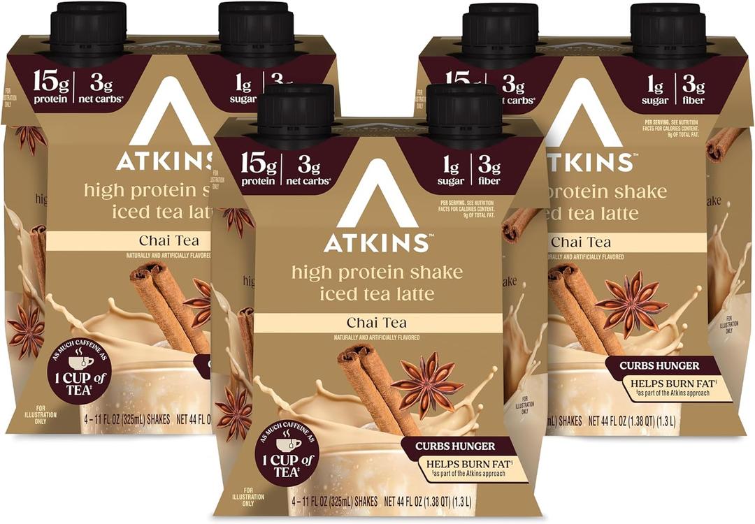 Atkins Chai Tea Latte Flavored Protein Shake, High Protein Shake, Low Glycemic, Low Carb, Low Sugar, Keto Friendly, Gluten Free, Ready to Drink Protein Shake, 12 count (3 sets of 4) Best By: 08/13/26