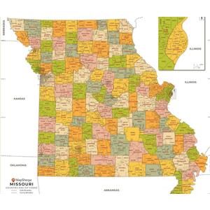 Missouri ZIP Code Map with Counties - Standard - 36 x 36 inch Poster - Front Lamination