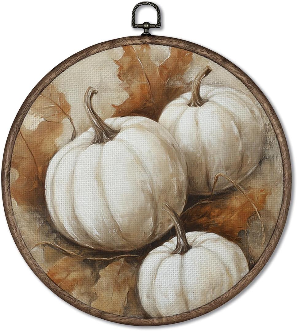 Giosve Vintage Rustic Fall White Pumpkin Round Wall Art Canvas Framed Poster, Farmhouse Autumn Pumpkin Maple Leaf Hanging Wall Sculptures for Kitchen Home Bedroom Living Room Decor, 10x10 Inch