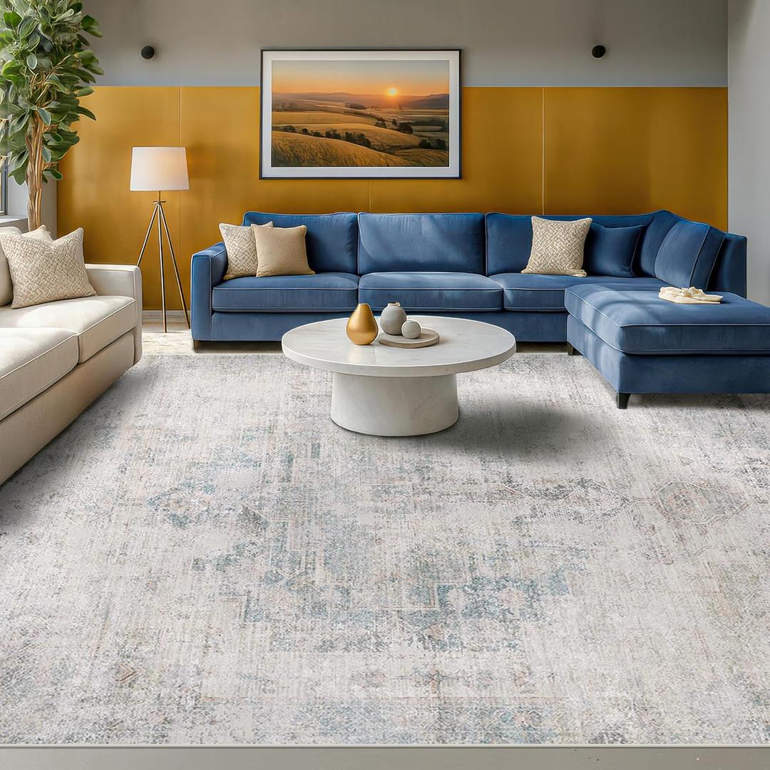 9x12 Washable Area Rug for Living Room, Large Light Blue Vintage Medallion Rug, Non Slip Low Pile Stain Resistant Carpet for Bedroom Dining Room, Soft Distressed Neutral Home Decor