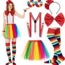 Ramede 7 Pcs Clown Costume Set for Women Circus Outfit Rainbow Tutu Skirt Clown Striped Sock Y Back Adjustable Suspender Hair Scrunchies Bow Tie Headband for Women Halloween Carnival Cosplay, Rainbow Colors