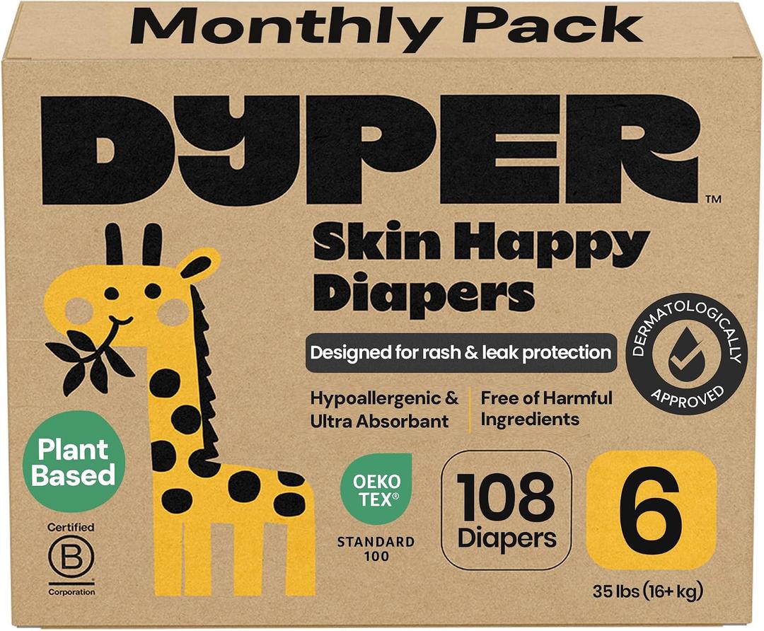 DYPER Monthly Pack Baby Diapers Size 6 (35+ lbs) 168 Count - Leak-Proof & Plant Based, Hypoallergenic and Ultra Absorbent Size 6 Diapers for Day and Overnight Skin Protection 