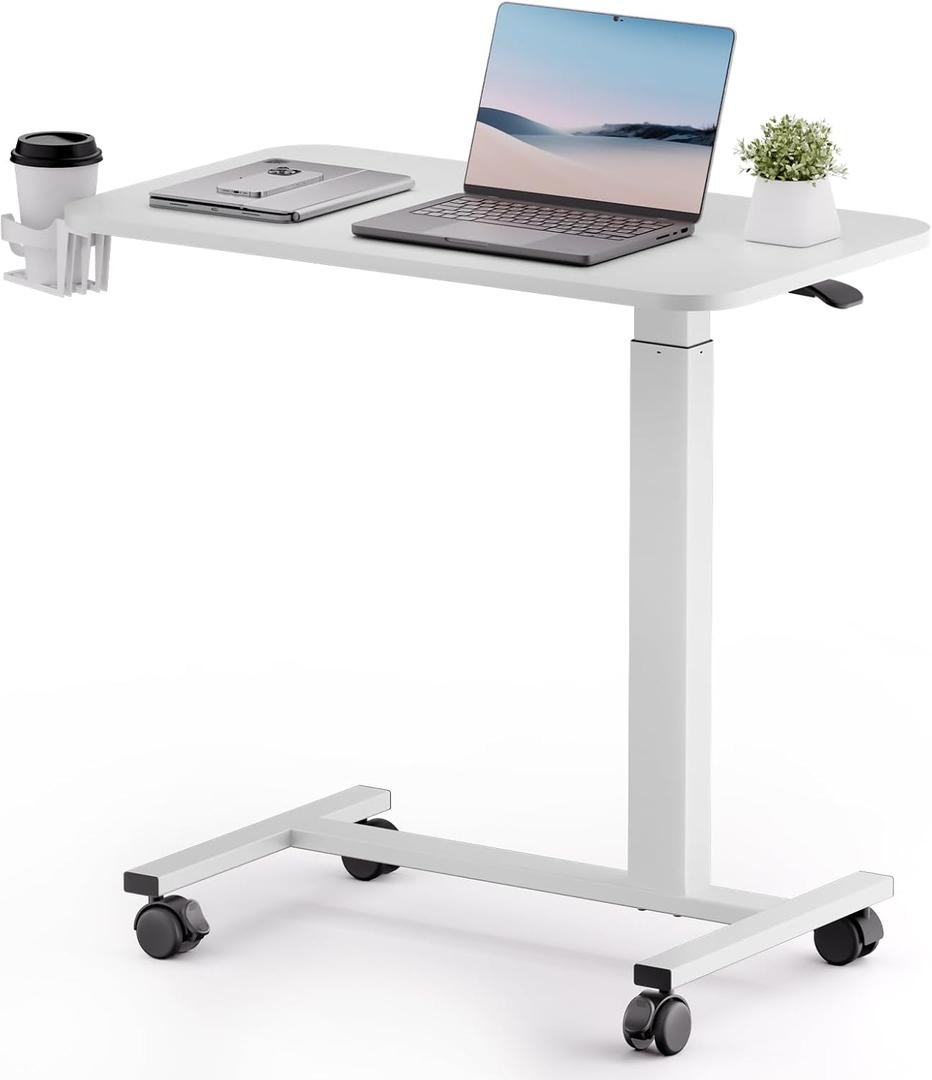 COMHOMA Adjustable Overbed Bedside Table with Lockable Wheels, Pneumatic Mobile Standing Laptop Desk, Small Standing Desk Portable Rolling Overbed Table Hospital Home Use(28" W x 16" D, White)