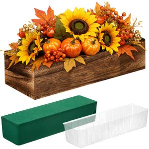 Dandat 1 Set Wood Boxes for Centerpieces 12x4 Inch Rectangle Wooden Planter Box Rustic Wood Planter with Removable Plastic Liner Floral Foam Blocks for Centerpieces Home Wedding Garden Decor