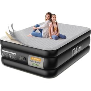 OhGeni 20" Luxury Full Air Mattress with Built-in Pump, Inflatable Bed with Silk Foam Topper for Superior Comfort, Premium Blow-Up Mattress for Home, Camping & Guests, Easy Setup, Extra Support, Black