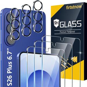firtstnow 3 Pack for Samsung Galaxy S26 Plus Screen Protector Tempered Glass + 3 Pack Camera Lens Protector, Military Grade Shatterproof, 9H Hardness, Fingerprint Unlock, Case Friendly 6.7 Inch