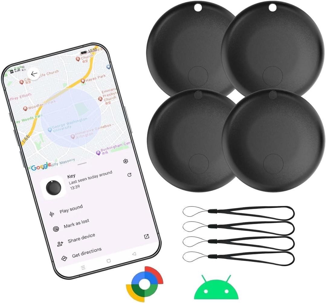 Bluetooth Tracker for Android-4 Pack, Anti-Lost tag for Android Phones,Smart Tracker for Google (Find Hub) App Key Finder/Luggage Tracker/Item Locator for Keys,Wallet,Backpack,Luggage-Black