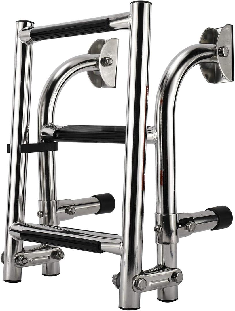Artilife Stainless Steel Boat Ladder,Boat Foldable Stainless Steel 3 Step Ladder Marine Pontoon Ladder Polished 2 + 1 Step with Rubber Grip & Mounting Screws