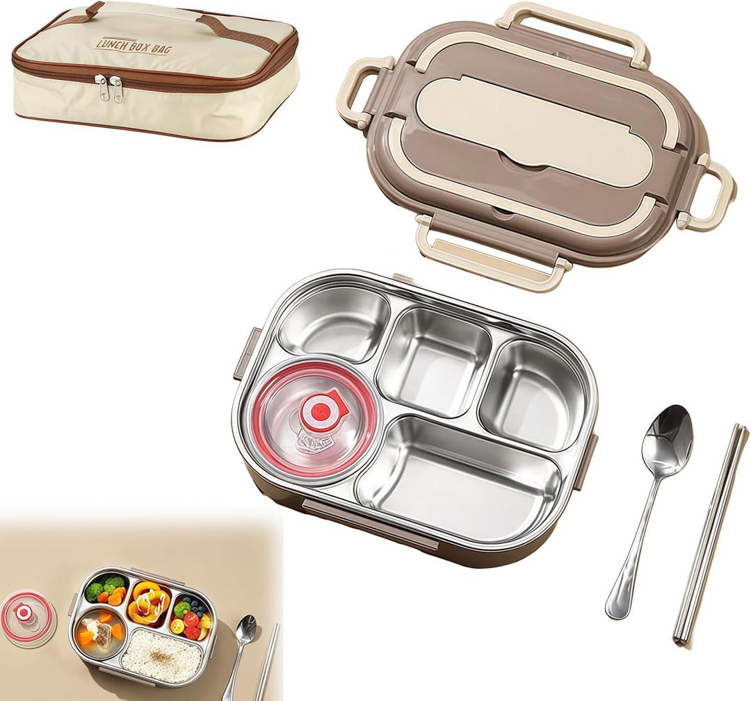 Adult Lunch Box Set, Five Compartments, Stainless Steel Construction, Easy to Clean, Heats Food by Adding Hot Water