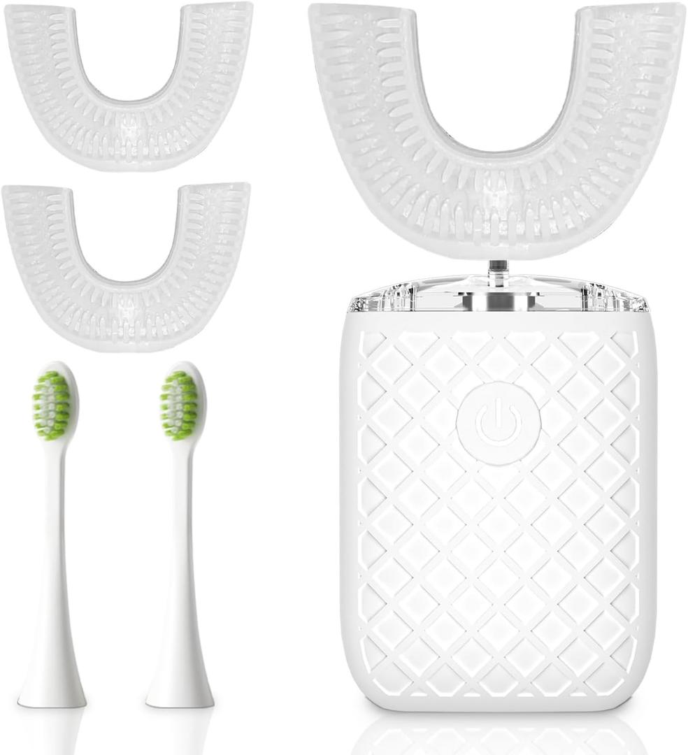 Sonic Electric U Shaped Toothbrush for Adults, Automatic Full Mouth Cleaning Toothbrush, 360 Stain Removal, IPX7 Waterproof Rechargeable, 3 U-Shape & 2 Straight Brush Heads (White)