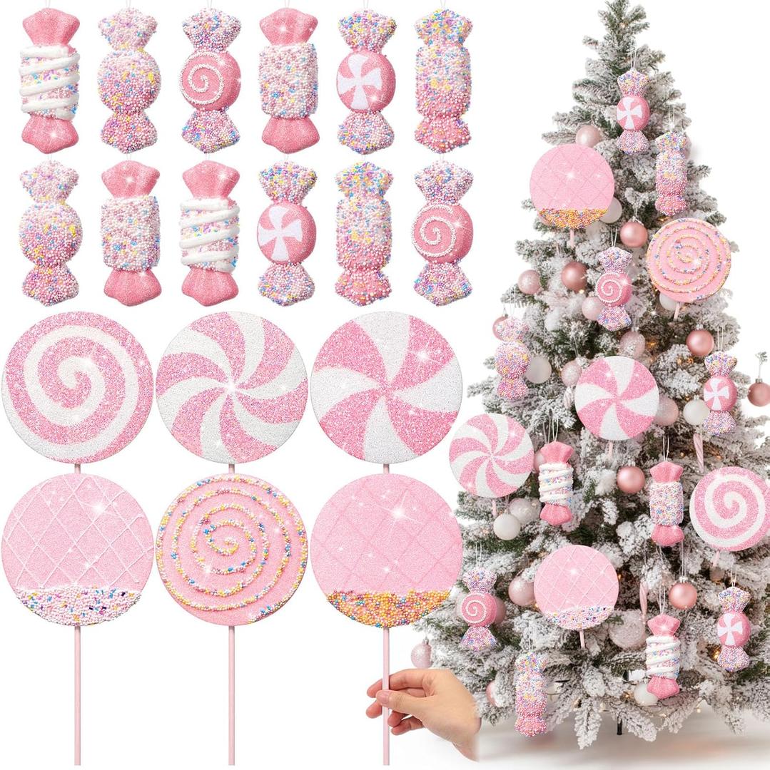 Roowest 18 Pcs 13.78'' Pastel Large Candy Christmas Decorations Giant Lollipop Tree Decorations with Sticks Candy Cane Christmas Ornaments Pink and White Xmas Hanging Decor for Birthday Party Wedding