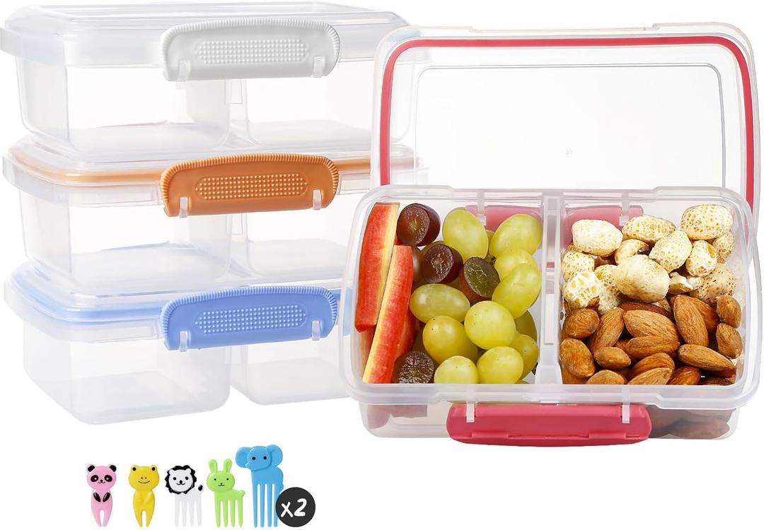 4 Pack Plastic Snack Containers with Lids, 2 Compartment Food Container for Kids Snack Box, Travel Bento Lunch Containers with forks for Fruits/Candies, Divided Food Storage Containers for School (New-Blue)