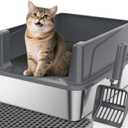 FURTIME Stainless Steel Cat Litter Box with Lid, Metal Kitty Litter Box for Small Cats, Kitten Litter Boxs with Scoop and Mat, Non-Sticky, Anti-Leakage, Easy to Clean, 17"x13"x8.4" (Small) (Grey)