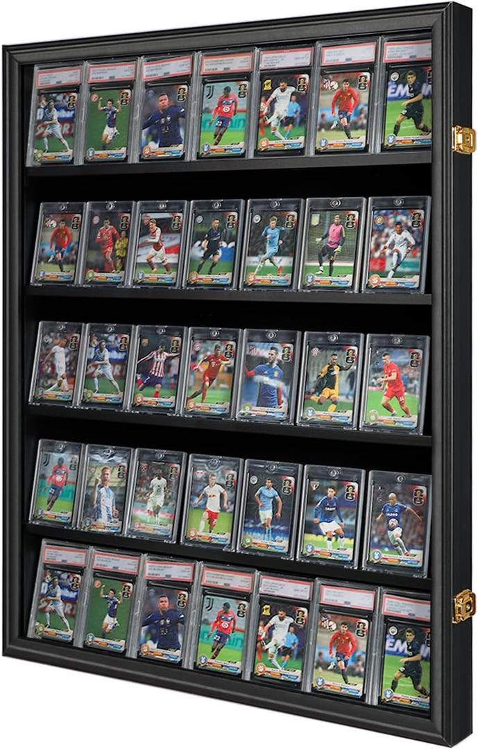 35 Graded Sports Card Display Case - Baseball Card Display Frame with UV Protection Clear View Lockable Wall Cabinet for Basketball Collectible Trading Card Black Finish (35 - Black - Vertical)