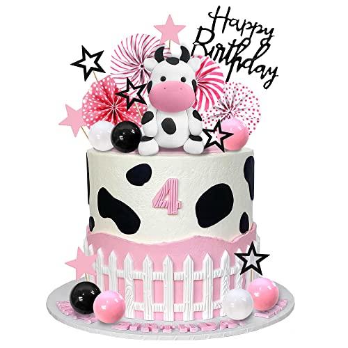 Cow Cake Topper Farm Themed Birthday Supplies With Miniature Figurines Wheats Animal Decorations (Ornaments)