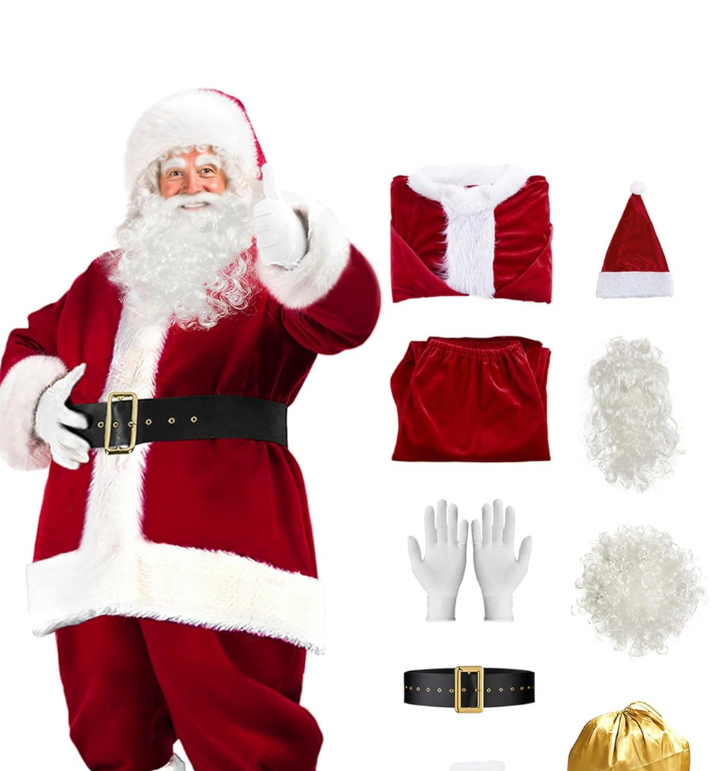 Santa Claus Costume for Men Women Adult - 9pc. Deluxe Costume Santa Suit Outfit Medium