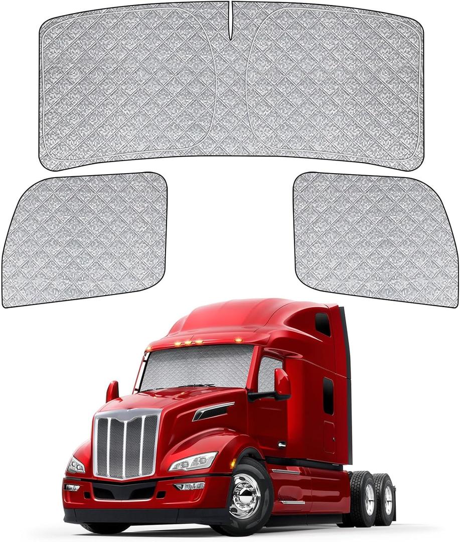 6 Layers Semi Truck Window Shades Custom Fit Peterbilt 579 2022-2025, 3 Set Front Windshield and Side Windows Foldable Sun Protector Privacy Cover