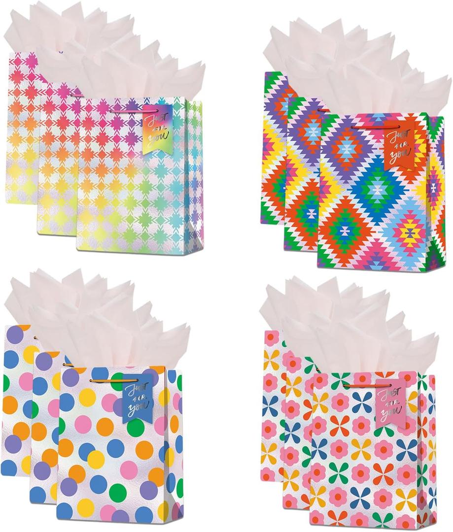 Dimetey 9" Medium Gift Bag with Tissue Paper,12pcs Colorfu Paper Bags for Birthdays,Bridal Showers, Weddings,Mother's Day,Christmas,Thank You Bags-All Occation (Multicolor)