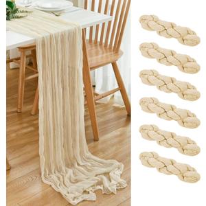 6 Pack Beige Cheesecloth Table Runner 21x120 Inch Boho Wrinkled Sheer Romantic Gauze Decor for Wedding, Bridal Shower, Birthday Party