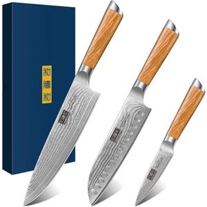 HOSHANHO Damascus Kitchen Knife Set 3-Piece, Ultra Sharp 8" Chef Knife, 7" Santoku Knife, 3.75" Paring Knife, Professional 10Cr15CoMoV Damascus Super Steel Chef Knife Set with Ergonomic Handle
