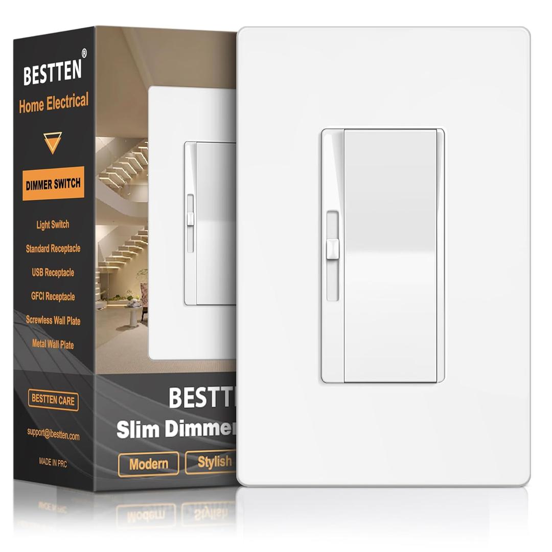 BESTTEN 0-10V Low Voltage Dimmer Light Switch, Super Slim Dimmer Switch for Dimmable LED Lights, Single-Pole or 3-Way, Screwless Wallplate Included, ETL Listed, Gloss White