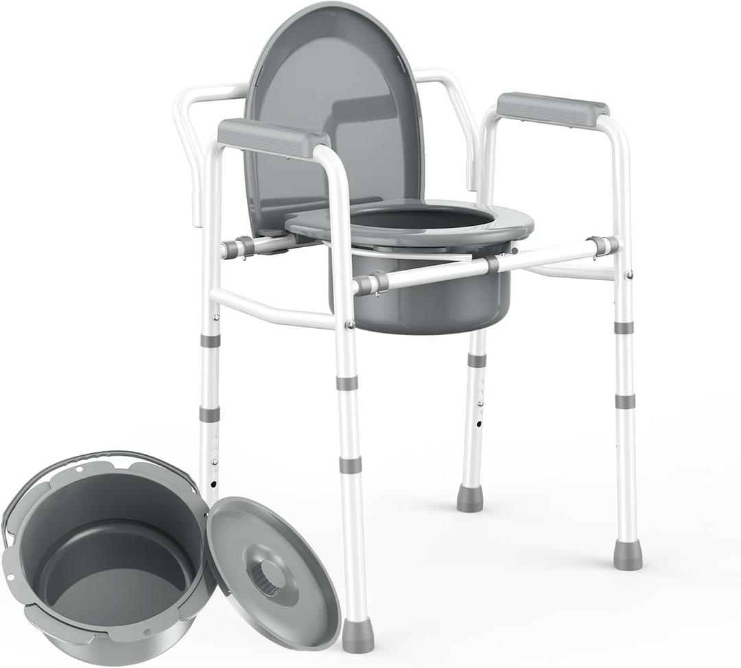 3 in 1 Bedside Commodes Chair for Seniors with Arms, Portable Width 21.5'' Steel Potty Chair for Elderly Adults with 5 Adjustable Height, Supports Up To 350lb, 6QT Bucket, Tool-Free Assembly