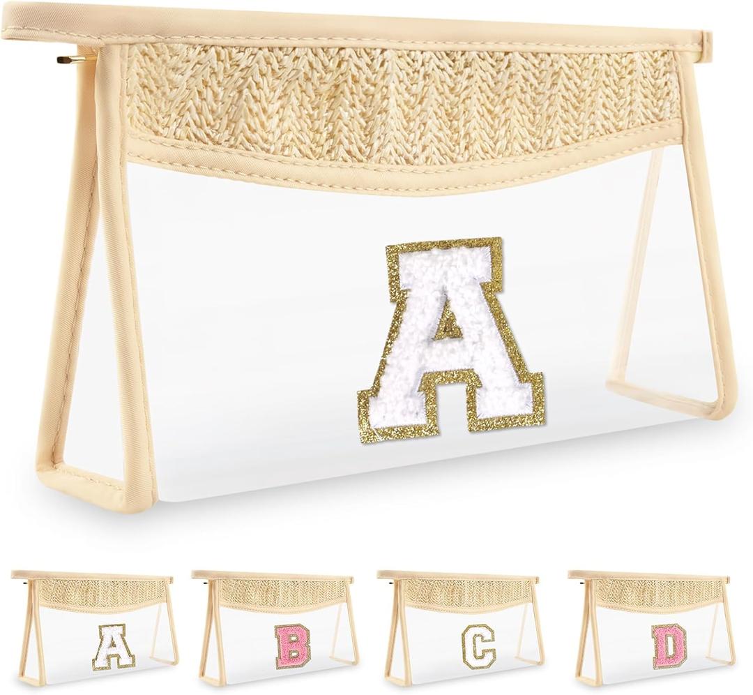 UIXIZQ Personalized Initial Letter Bag Boho Straw Clear Makeup Bag,Small Cute Chenille Varsity Letter Bag With Zipper,Beach Travel Toiletry Bag,Portable Monogrammed Cosmetic Bag for Women Girls,A (White)