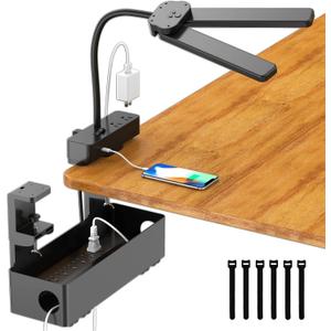 Drevet LED Desk Lamp for Home Office with Cable Management Tray, Eye-Caring Clip-On Desk Light with Flexible Gooseneck, 2+6AC&1USB-C Charging Port, 3 Brightness & 3 Color Modes, Eye-Caring Table Lamp
