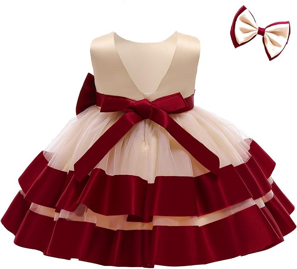 3M-6T Baby Girl Ruffle Lace Backless Pageant Dress Toddler Tutu Gown Flower Tulle Party Dresses (6-12 Months, Champagne Burgundy)