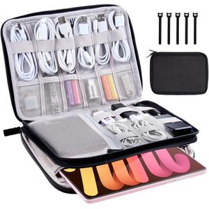 Electronics Organizer Travel Case Cord Cable Charger Organizer Bag Travel Accessories Essentials for Women Men Double Layers Tech Pouch with 5 Cable Ties for Phone Power Bank SD Card USB, Black