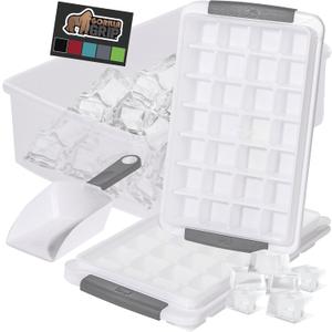 GORILLA GRIP BPA-Free Easy Release Ice Cube Tray for Freezer, Make Lots of Ice, 56 Cubes Total, Kit Includes 2 Stackable Leakproof Trays with Lid and Soft Handle Grips, Scooper, Bin, For Coffee, Gray