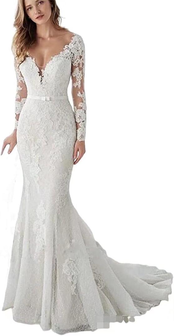 MuXiuFC Long Sleeve Mermaid Wedding Dresses for Bride 2022 Lace V Neck Boho Bridal Gowns Women Style13-Ivory 12