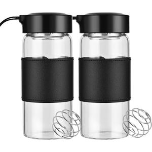 Small Glass Shaker Bottle, 2 Pack 16oz BPA Free Odorless Shaker Bottle with 304SS Mixing Ball and Removable Cleaning Brush for Fitness & Protein Shakes(Black-2Pack)