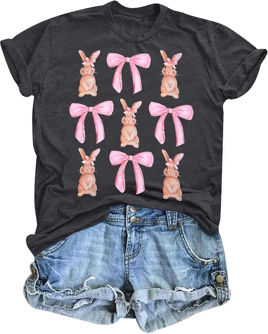 Easter Shirt for Women Bow Bunny Shirts Religious Rabbit Tshirt Coquette Bunny Tee Tops (Small, Grey)