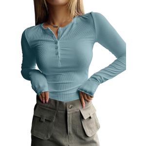 Women's Long Sleeve Tee Shirts Button Down Slim Fitted Basic Henley Tops Fall Ribbed Knit Shirts (Blue, XL)