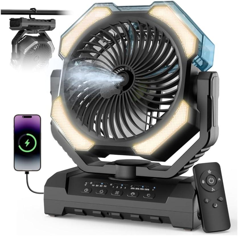 Camping Misting Fan - 24000mAh Portable Battery Powered Fans with 9oz Water Tank, Light, Hook - Rechargeable, 120H Cooling, Last 5H Mist, 4 Speed, Sleep Mode - Outdoor Gear, Travel Essentials (Black)