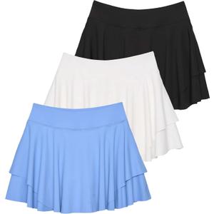 Real Essentials 3 Pack: Women's 14" Layered Ruffle Flowy Tennis Golf Skorts Pockets Pleated Mini Skirt Athletic Liner Shorts (Small, Set 5)