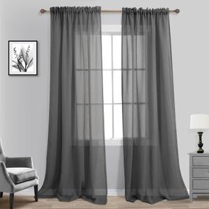 KOUFALL Dark Grey Sheer Curtains 84 Inches Long,Linen Look Rod Pocket Window Curtains for Living Room Bedroom,2 Panels Set,Charcoal Gray