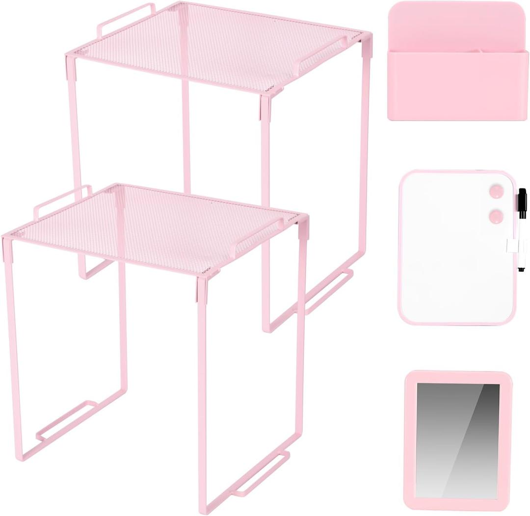 Locker Organizer Accessories Decorating Kit, Metal Mesh Locker Shelf, Magnetic Pen Holder,Mirror,Whiteboard, Markers, Magnets,Suitable for School,Work,Office,Gym (2pack-Pink)
