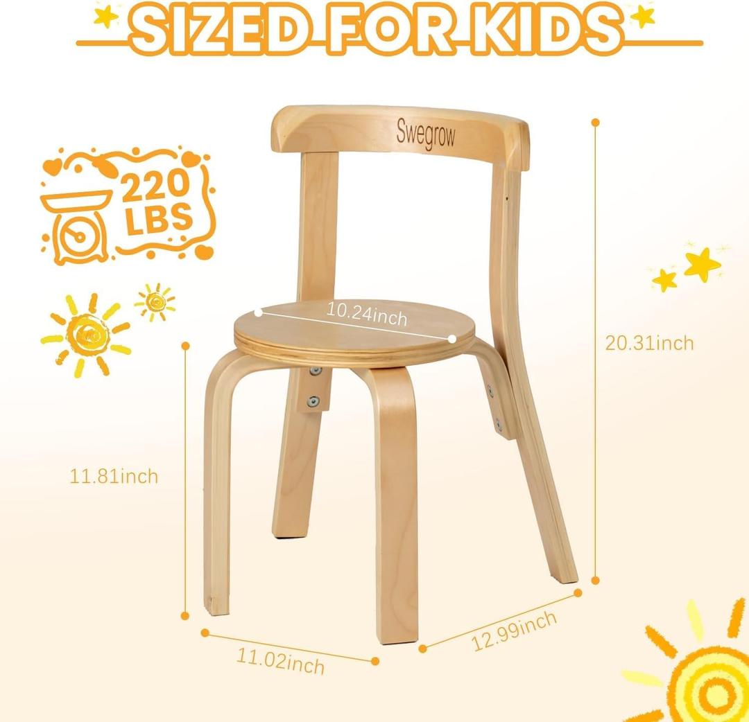 Swegrow Wooden Kids Chair, Toddler Chair for Table, Kids Stackable Chair, Kid Wooden Furniture for Family/Playroom/Classroom - Natural Wood