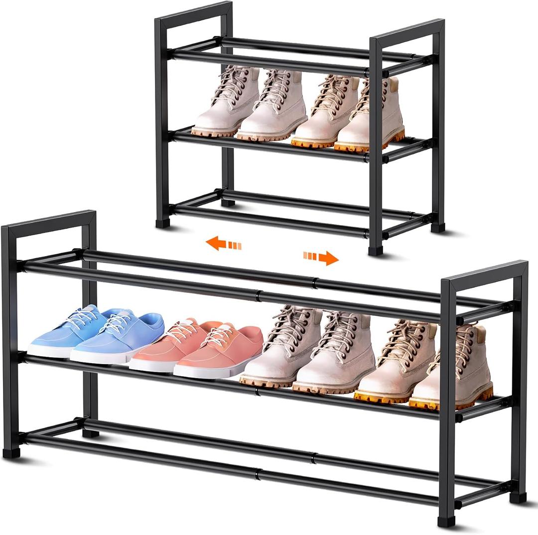 Bumusty 3-Tier Expandable Shoe Rack for Closet, 18-33 Adjustable Shoe Rack for Small Space, Small Shoe Organizer for Front Door, Sturdy Metal, Black