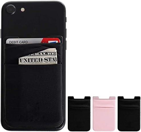 Cell Phone Stick on Wallet, Credit Card & Business Card & Id Holder (3 Packs) Compatible with iPhone, Android and Most Smartphones (Black+Black+Pink) Pack of 3