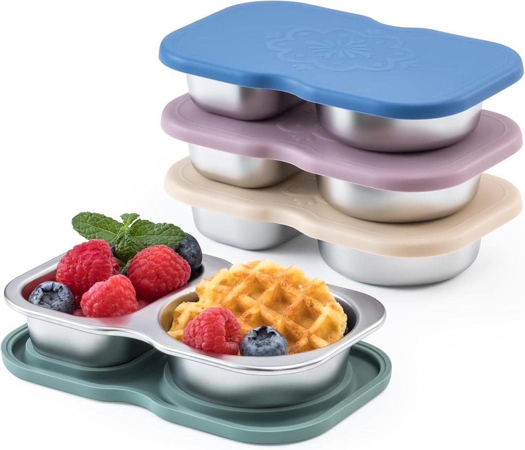 VITEVER 4 Pack Small Stainless Steel 2-Compartment Snack Containers with Lids, Reusable Snack Pack Containers, Lunch Box Accessories,Double Compartment Salad Dressing Containers to Go, 5.3oz